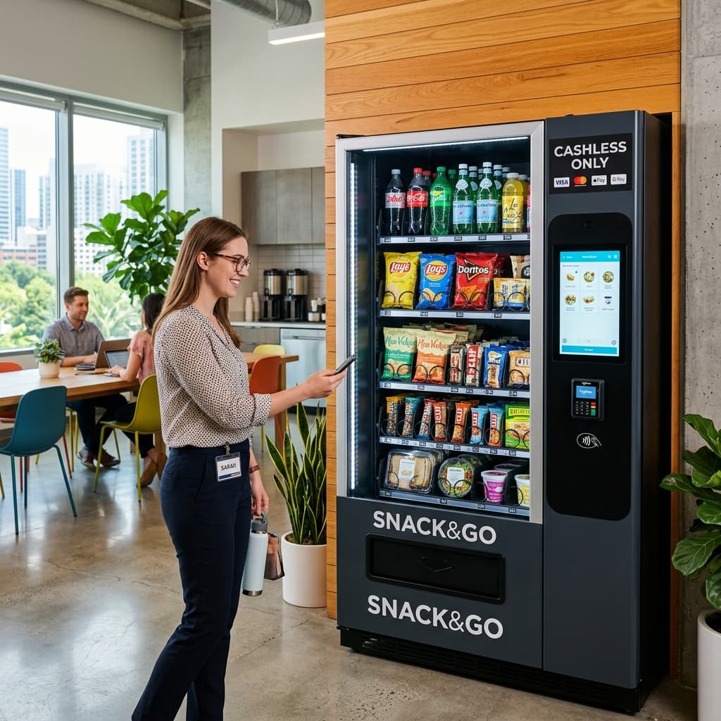 Modern cashless vending machine in breakroom