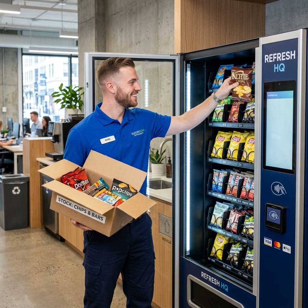 Friendly service professional restocking vending machine